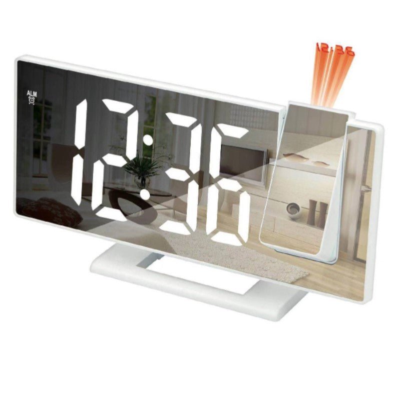 Ceas multifunctional cu LED si proiectie, stil oglinda, alarma digitala, afisaj LCD temperatura, pentru birou, mod noapte / zi, alb - BUZ.RO