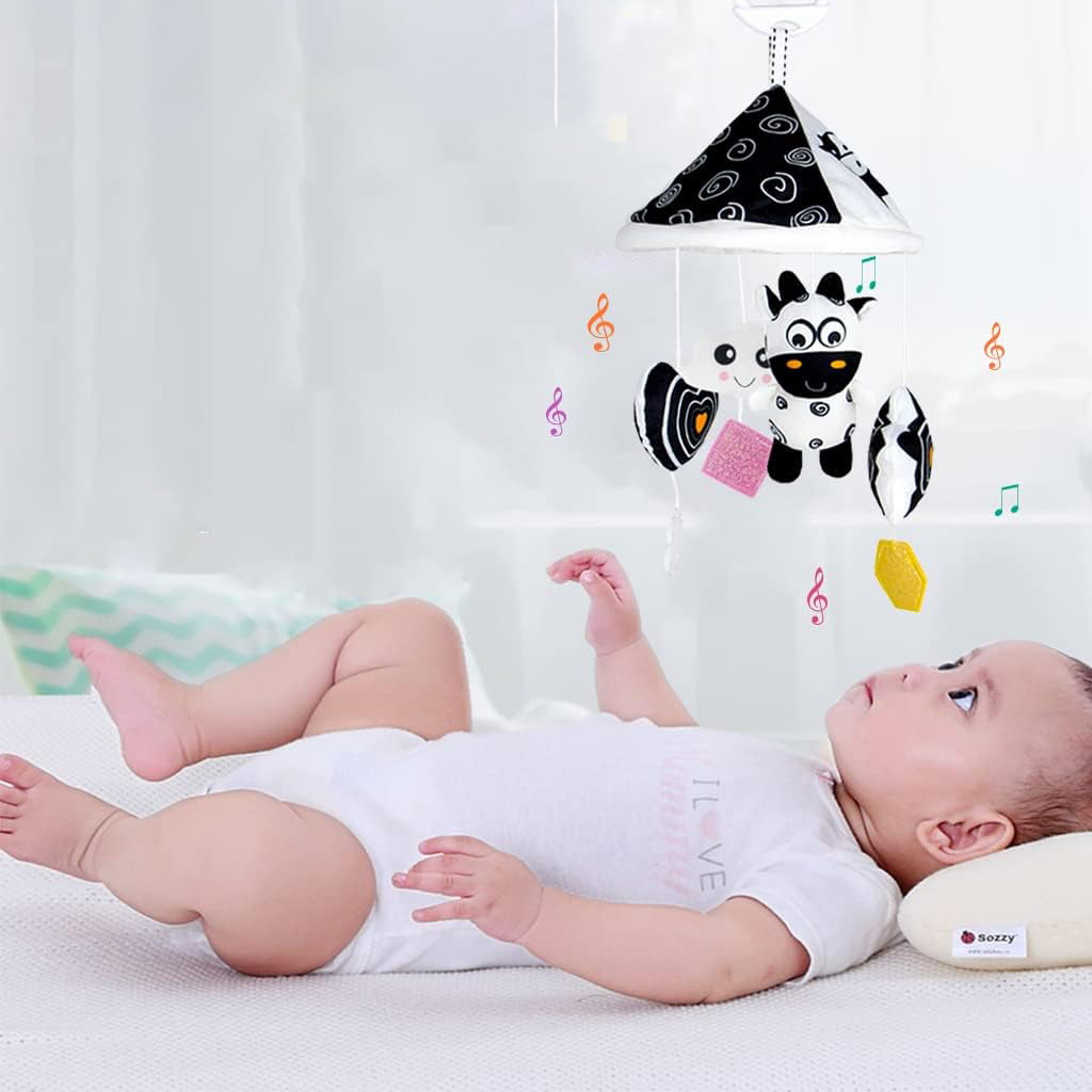 Centru de activitati pentru patut si carucior, carusel cu imagini pentru stimulare vizuala si senzoriala bebelusi, alb/negru, 0+ luni