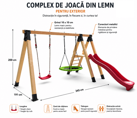 Complex de joaca copii| Tobogan| leagan| conectori metalici, PREMIUM - BUZ.RO