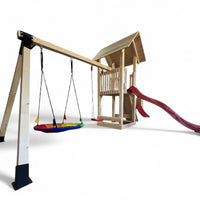 Complex de joaca copii, Tobogan,casuta lemn ,leagan, placa de catarare + lada de nisip, conectori metalici, PREMIUM