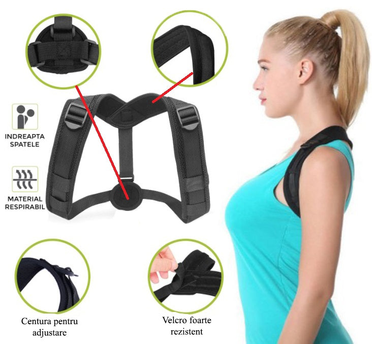 Corector Postura Reglabil Unisex – Suport Spate, Umeri și Coloana, Textil Confortabil, Negru