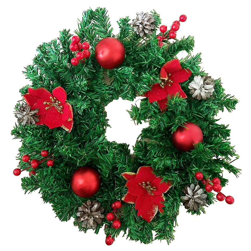 Coronita pentru Craciun, 45 cm, din brad artificial, decorata cu conuri, merisoare si globuri si craciunite, Verde/Rosu