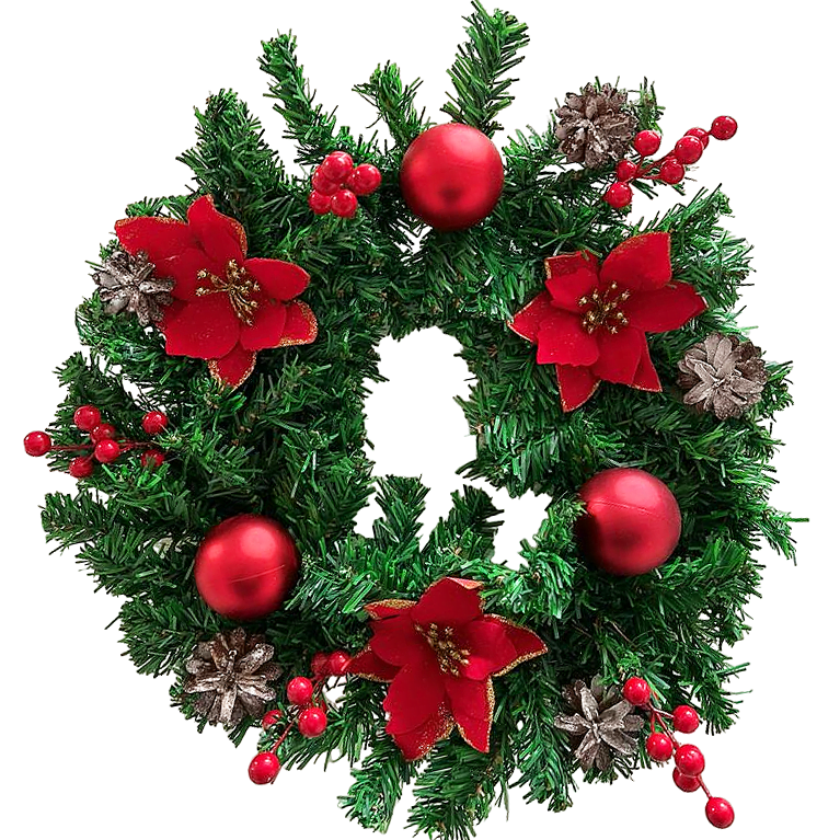 Coronita pentru Craciun, 45 cm, din brad artificial, decorata cu conuri, merisoare si globuri si craciunite, Verde/Rosu