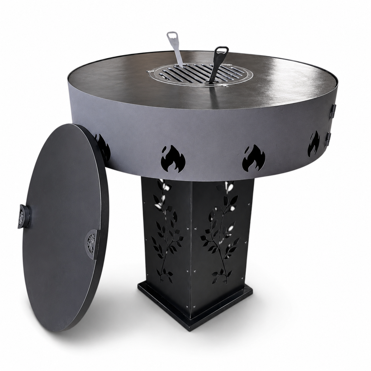 Gratar Gradina 4in1 Rotund plita 90cm |grosime 10 mm Fire Pit din fier pe lemne| terasa|multifunctional cu suport ceaun inclus