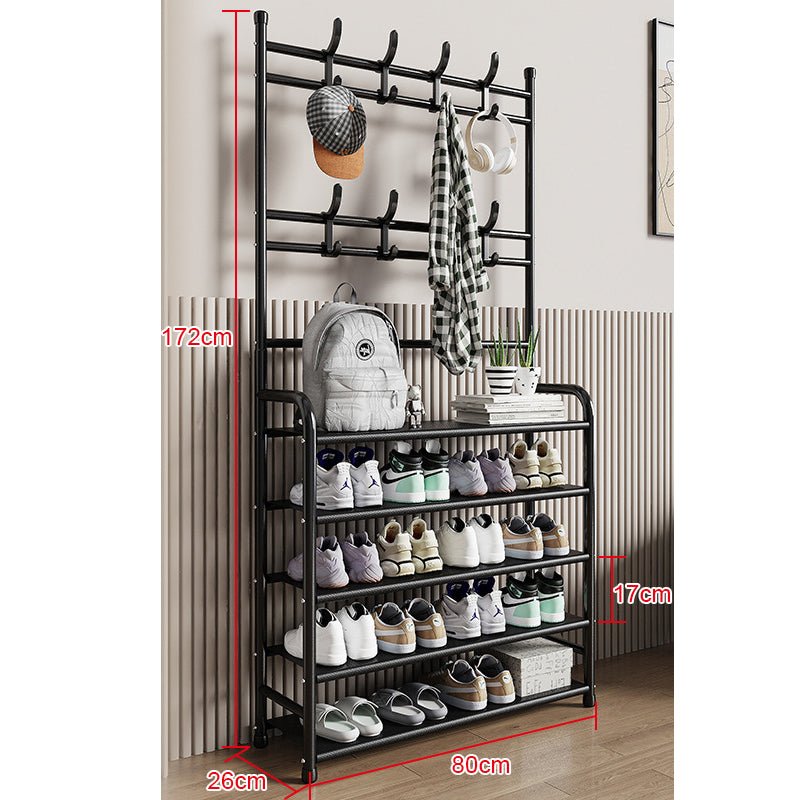 Cuier haine cu suport pantofi, 16 agatatori, 5 rafturi, negru, 172x80x26 cm - BUZ.RO