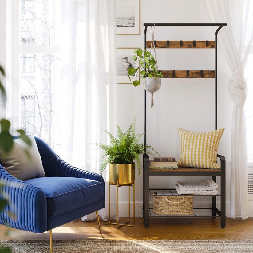 Cuier haine cu suport pantofi, 9 agatatori, 2 rafturi si bancuta, maro, 183x77 cm - BUZ.RO