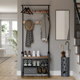 Cuier haine cu suport pantofi, 9 agatatori, 2 rafturi si bancuta, maro, 183x77 cm - BUZ.RO