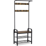 Cuier haine cu suport pantofi, 9 agatatori, 2 rafturi si bancuta, maro, 183x77 cm - BUZ.RO