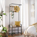 Cuier haine cu suport pantofi, 9 agatatori, 2 rafturi si bancuta, maro, 183x77 cm - BUZ.RO