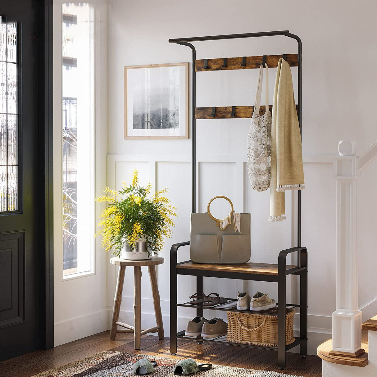 Cuier haine cu suport pantofi, 9 agatatori, 2 rafturi si bancuta, maro, 183x77 cm - BUZ.RO