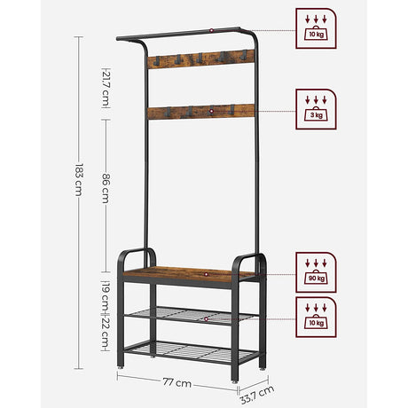 Cuier haine cu suport pantofi, 9 agatatori, 2 rafturi si bancuta, maro, 183x77 cm - BUZ.RO