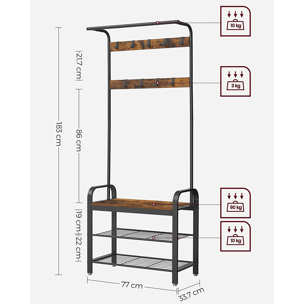 Cuier haine cu suport pantofi, 9 agatatori, 2 rafturi si bancuta, maro, 183x77 cm - BUZ.RO
