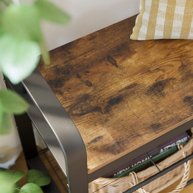 Cuier haine cu suport pantofi, 9 agatatori, 2 rafturi si bancuta, maro, 183x77 cm