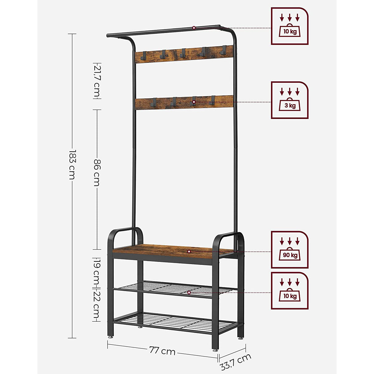 Cuier haine cu suport pantofi, 9 agatatori, 2 rafturi si bancuta, maro, 183x77 cm