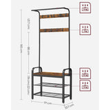 Cuier haine cu suport pantofi, 9 agatatori, 2 rafturi si bancuta, maro, 183x77 cm