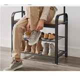 Cuier haine cu suport pantofi, 9 agatatori, 2 rafturi si bancuta, maro, 183x77 cm