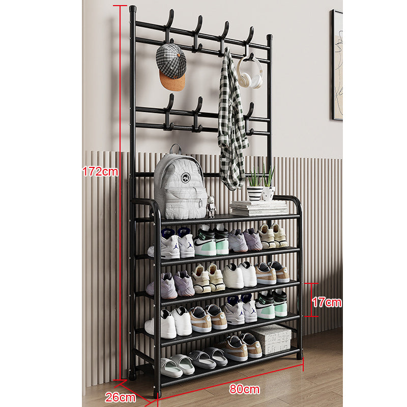 Cuier haine cu suport pantofi, 16 agatatori, 5 rafturi, negru, 172x80x26 cm