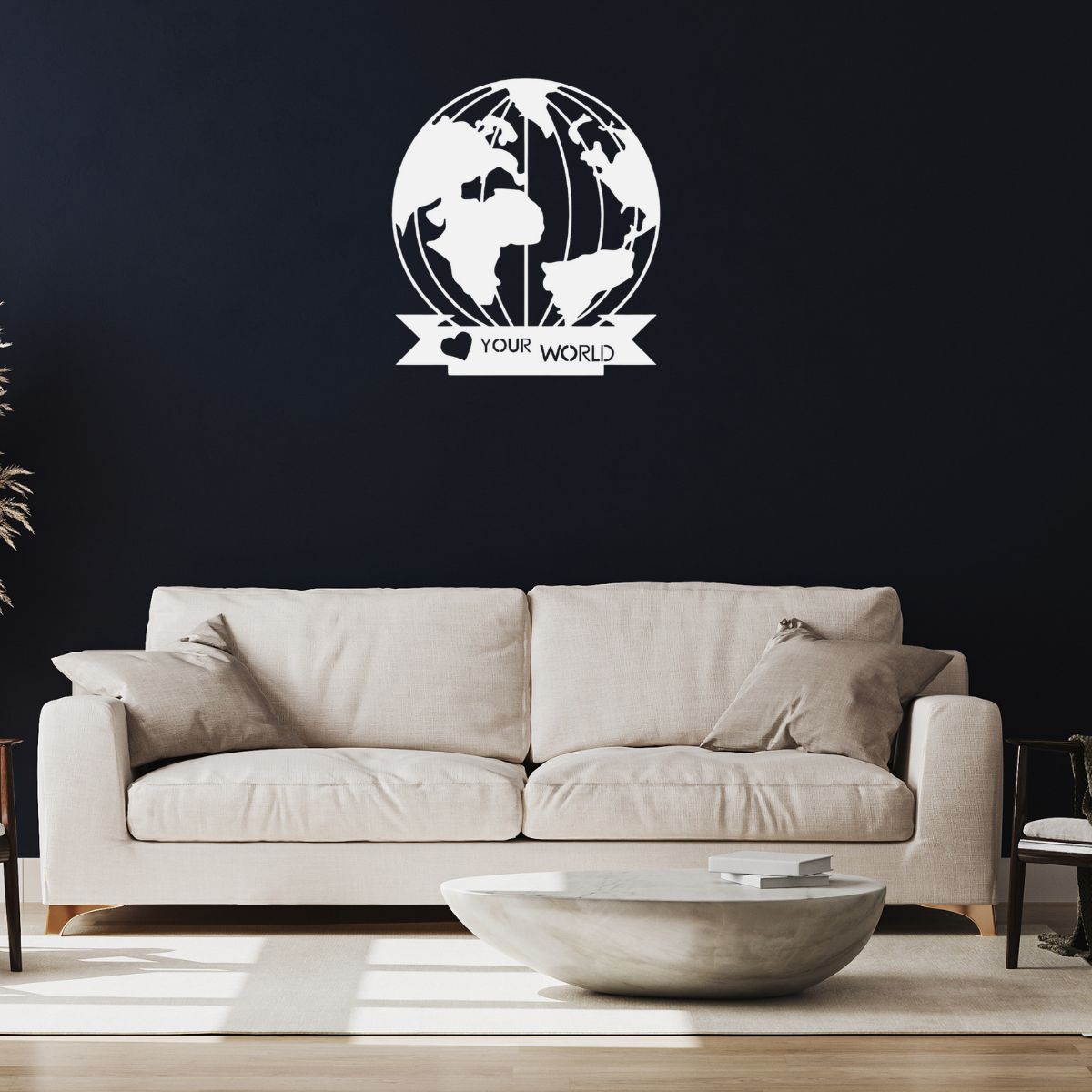 Decoratiune perete metal, model globul pamantesc, 80x70 cm, alb