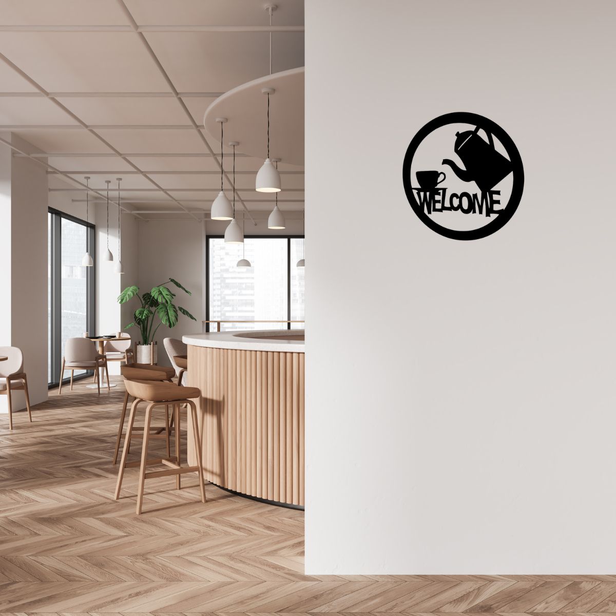 Decoratiune perete metal, model welcome, 50x50 cm, negru