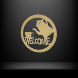 Decoratiune perete metal, model welcome, 50x50 cm, auriu