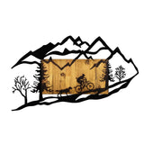 Decoratiune perete din metal si lemn, model biciclist in natura, 110x3x65 cm