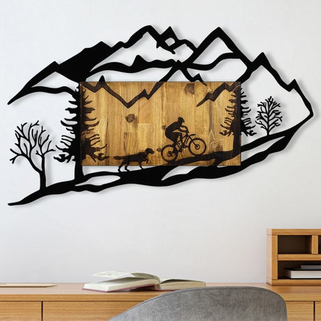 Decoratiune perete din metal si lemn, model biciclist in natura, 110x3x65 cm