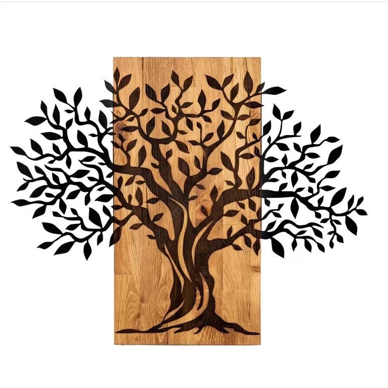 Decoratiune perete din metal si lemn, model copac de primavara, 72x58 cm - BUZ.RO