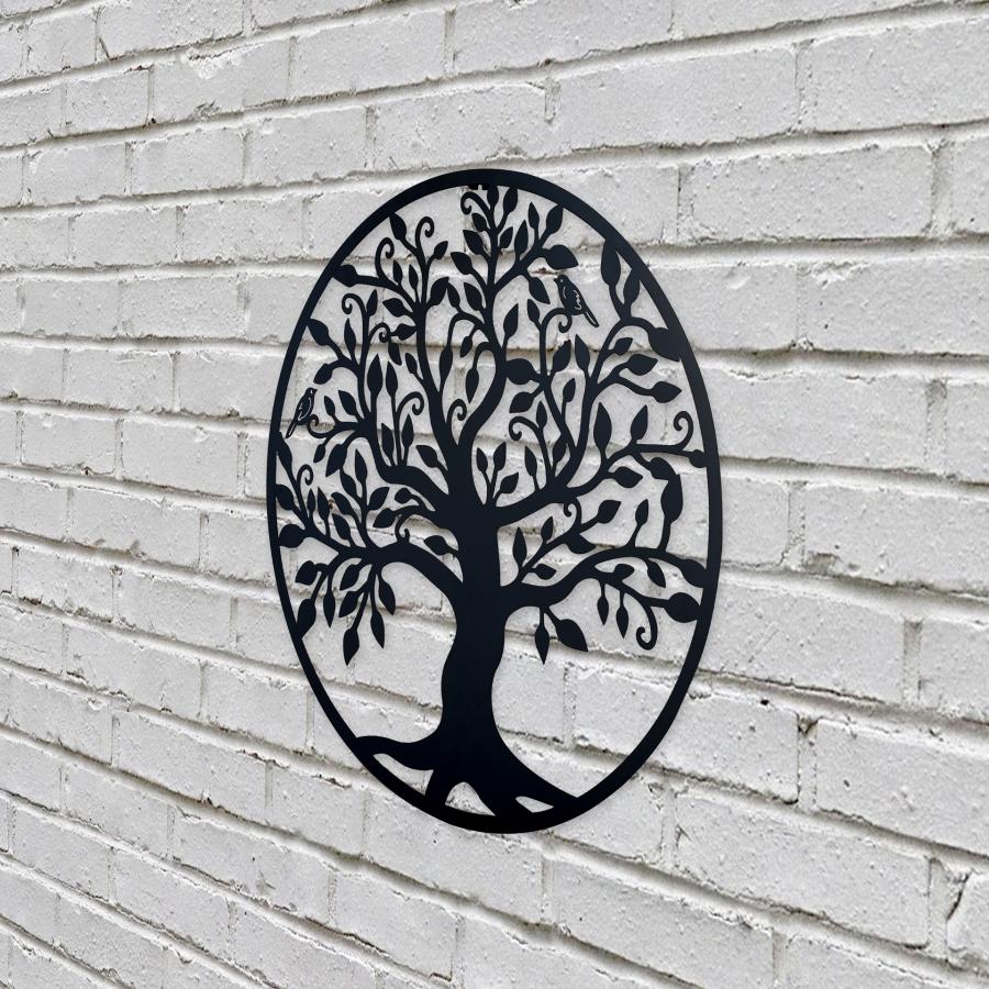 Decoratiune de perete living din metal, copacul vietii, negru, 45x45 cm