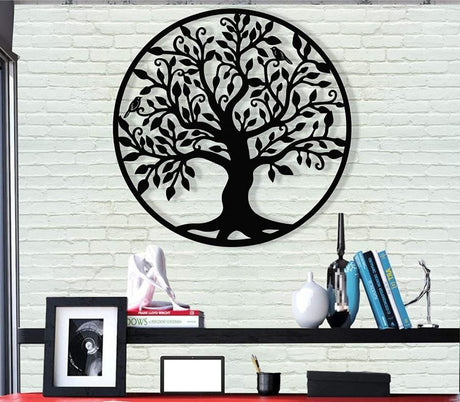 Decoratiune de perete living din metal, copacul vietii, negru, 60x60