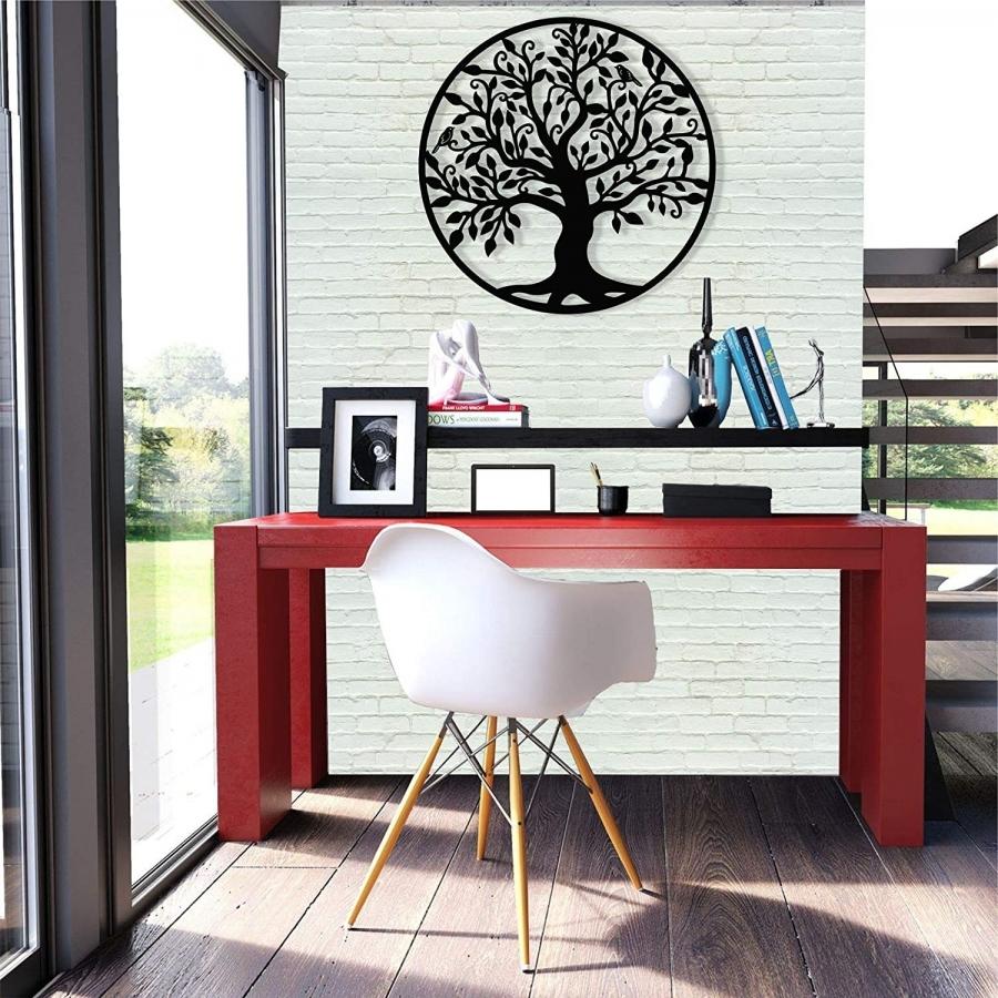 Decoratiune de perete living din metal, copacul vietii, negru, 60x60