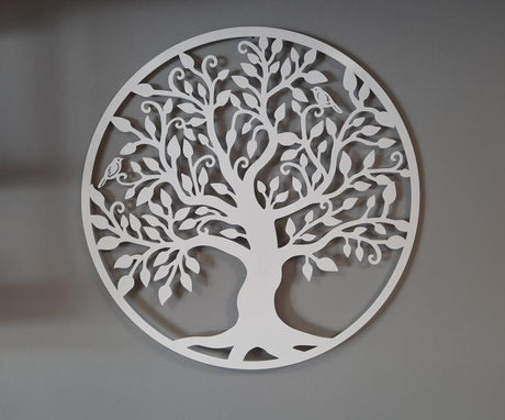 Decoratiune de perete living din metal, copacul vietii, alb, 75x75