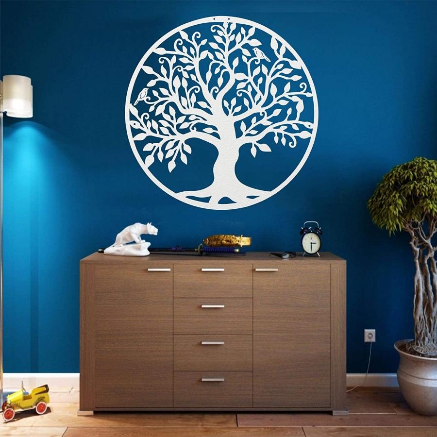 Decoratiune de perete living din metal, copacul vietii, alb, 90x90