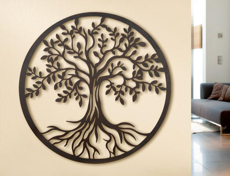 Decoratiune de perete pentru living din metal, copacul vietii antic, 90x90cm