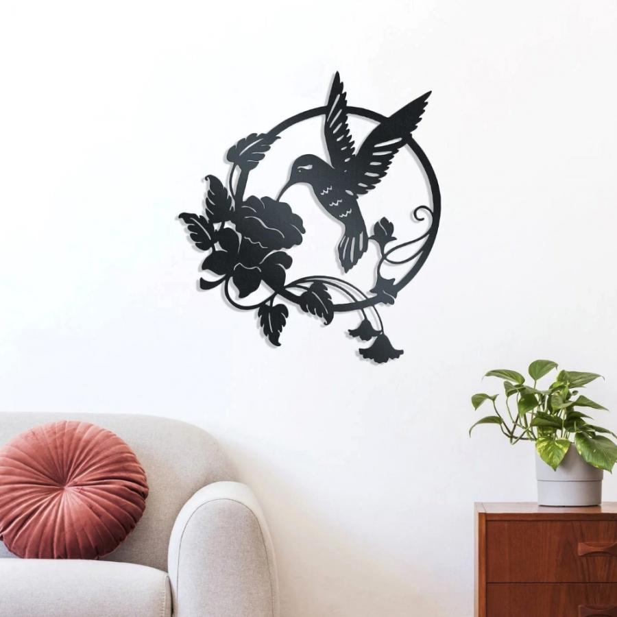 Decoratiune perete metal, model pasarea colibri, 65x59 cm, negru
