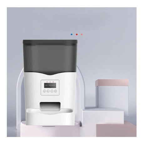 Dispenser automat mancare, pentru animale, wifi, programabil, afisaj LCD, conectare telefon, alb negru, 3L - BUZ.RO