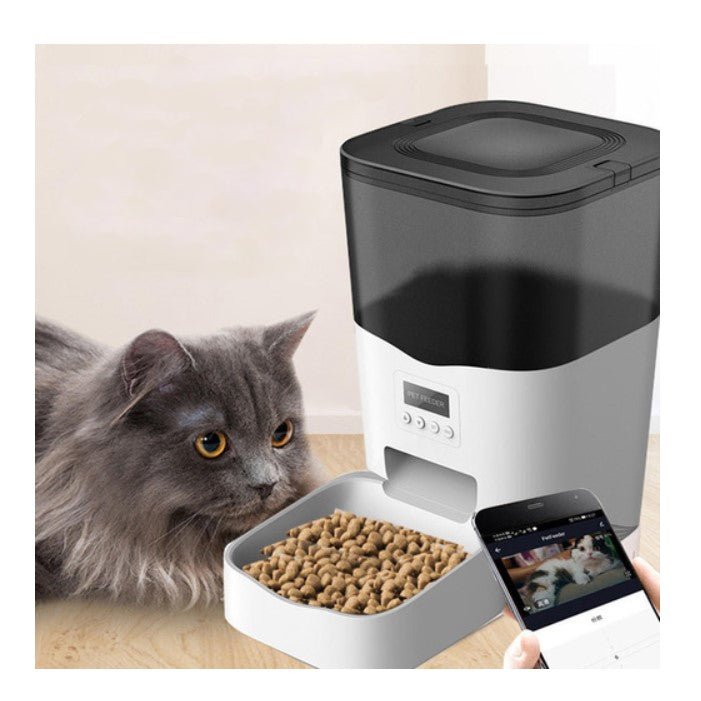 Dispenser automat mancare, pentru animale, wifi, programabil, afisaj LCD, conectare telefon, alb negru, 3L - BUZ.RO