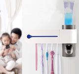 Dozator pasta de dinti, suport periute de dinti, sterilizator cu lumina UV pentru dezinfectarea periutelor de dinti, alb - BUZ.RO