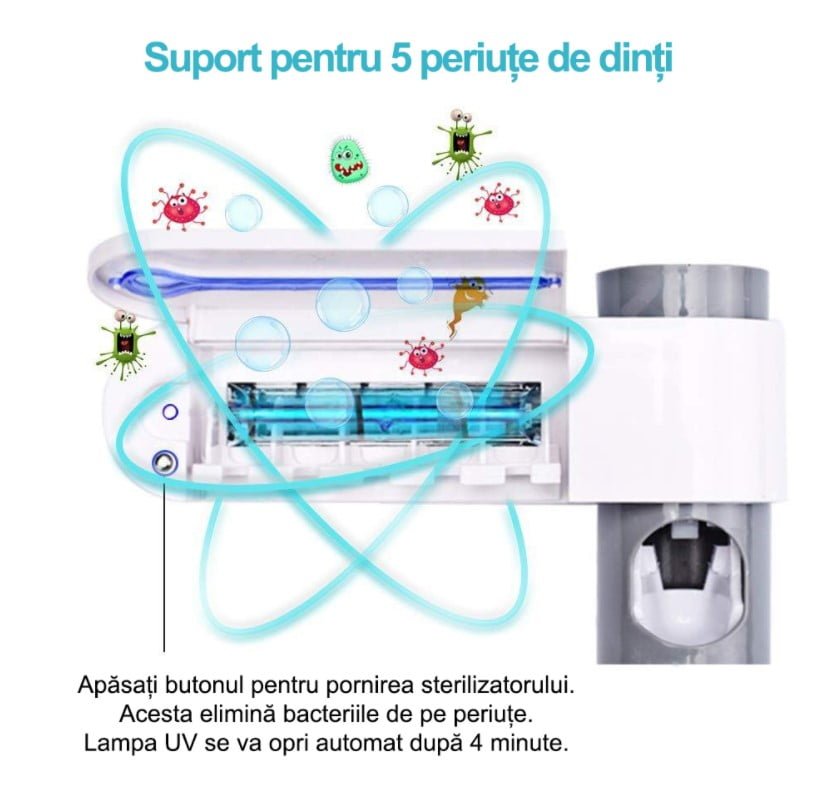 Dozator pasta de dinti, suport periute de dinti, sterilizator cu lumina UV pentru dezinfectarea periutelor de dinti, alb - BUZ.RO