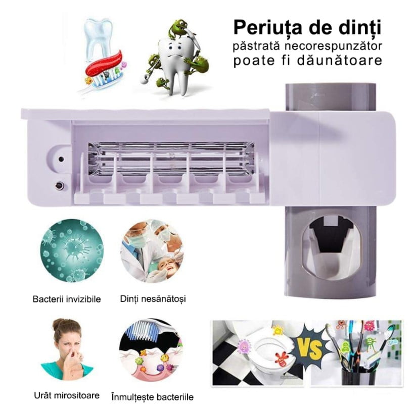 Dozator pasta de dinti, suport periute de dinti, sterilizator cu lumina UV pentru dezinfectarea periutelor de dinti, alb - BUZ.RO