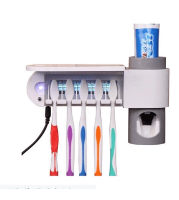 Dozator pasta de dinti, suport periute de dinti, sterilizator cu lumina UV pentru dezinfectarea periutelor de dinti, alb - BUZ.RO