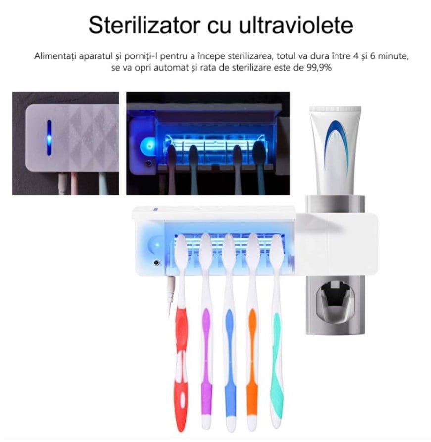 Dozator pasta de dinti, suport periute de dinti, sterilizator cu lumina UV pentru dezinfectarea periutelor de dinti, alb - BUZ.RO