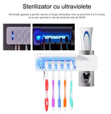 Dozator pasta de dinti, suport periute de dinti, sterilizator cu lumina UV pentru dezinfectarea periutelor de dinti, alb - BUZ.RO