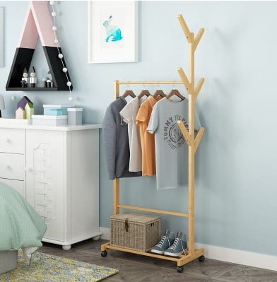 Dulap haine, dulap incaltaminte, cuier 3 in 1, cu roti, din lemn - BUZ.RO