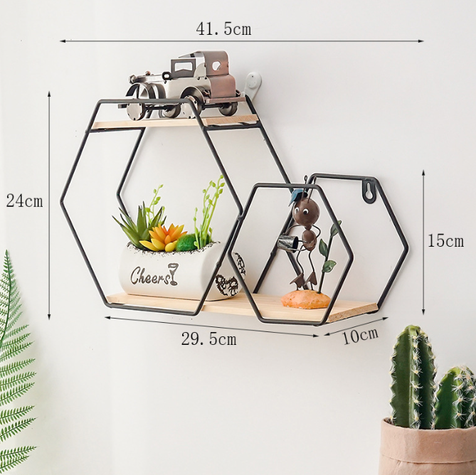 Etajera decorativa hexagon, cu suport de metal, negru
