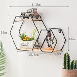 Etajera decorativa hexagon, cu suport de metal, negru