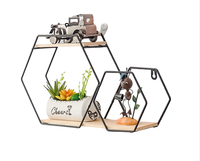Etajera decorativa hexagon, cu suport de metal, negru