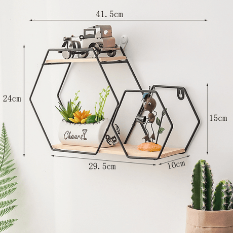 Etajera decorativa hexagon, cu suport de metal, negru - BUZ.RO