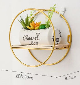 Etajera decorativa cu suport de metal in culoarea aurie, cerc