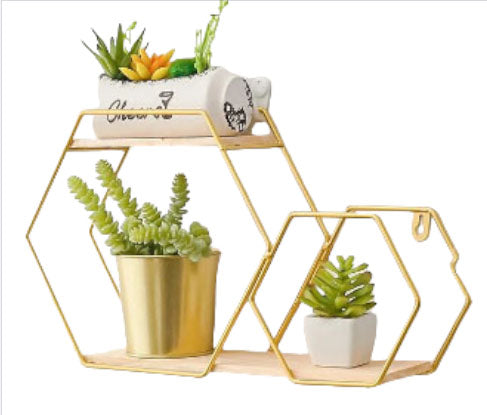 Etajere decorative, cu suport metal, culoarea aurie, hexagon