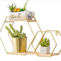 Etajere decorative, cu suport metal, culoarea aurie, hexagon
